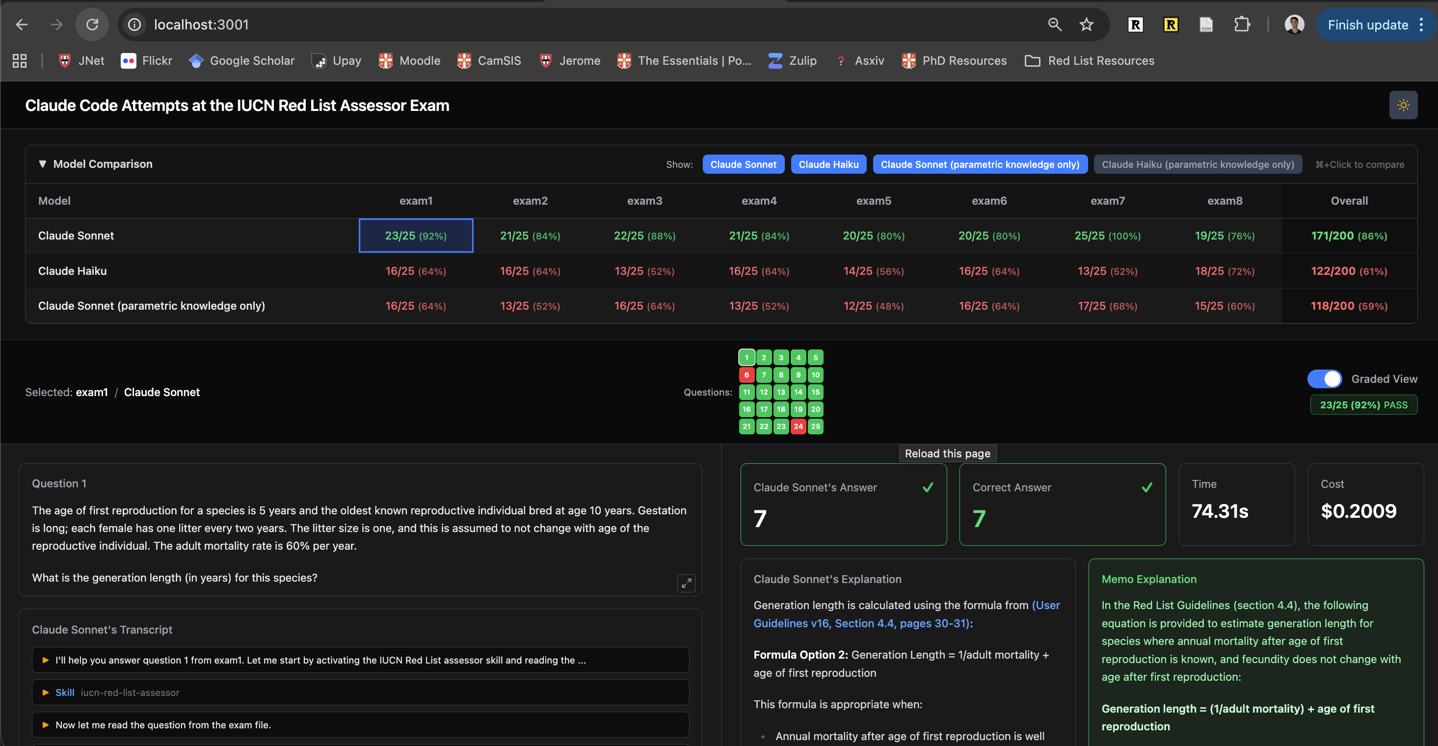 A screenshot of the web app showing Claude Code’s attempts at the IUCN Red List Assessor Exam